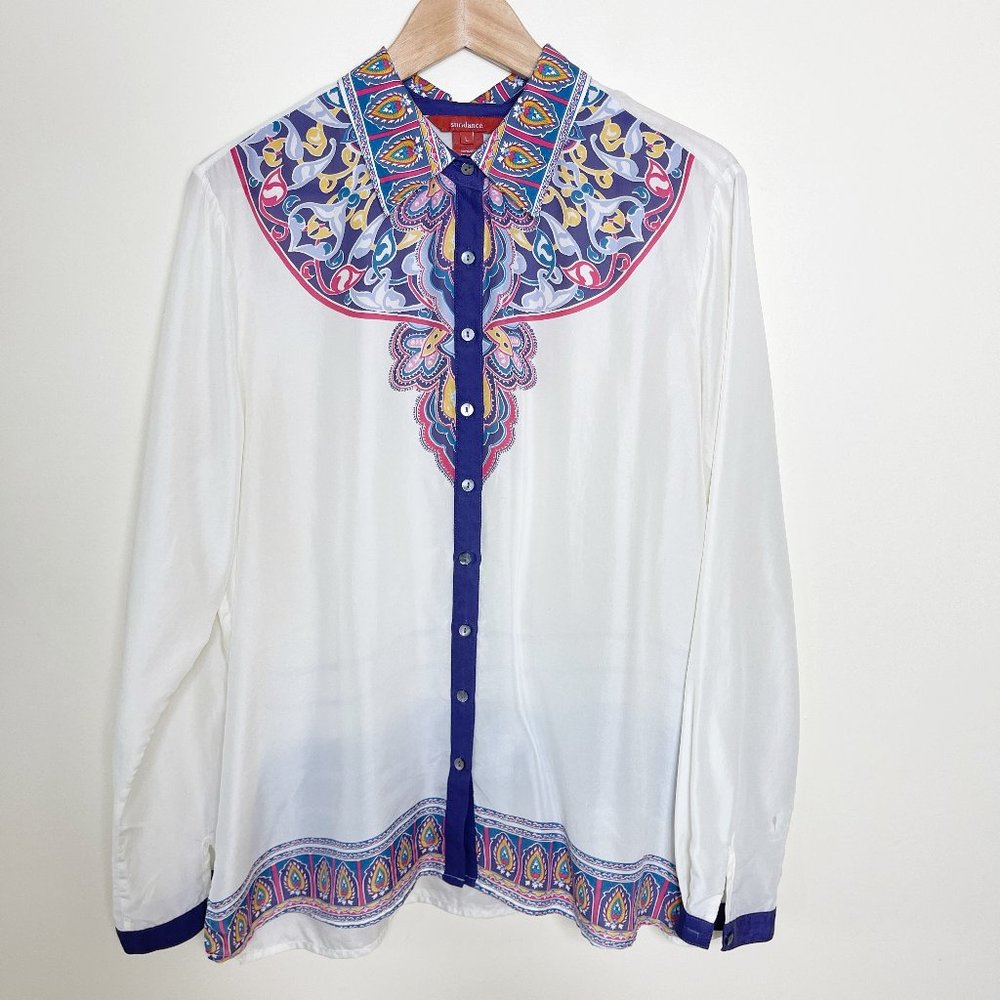 Sundance White Blouse with Blue and Pink Accents 100%Silk